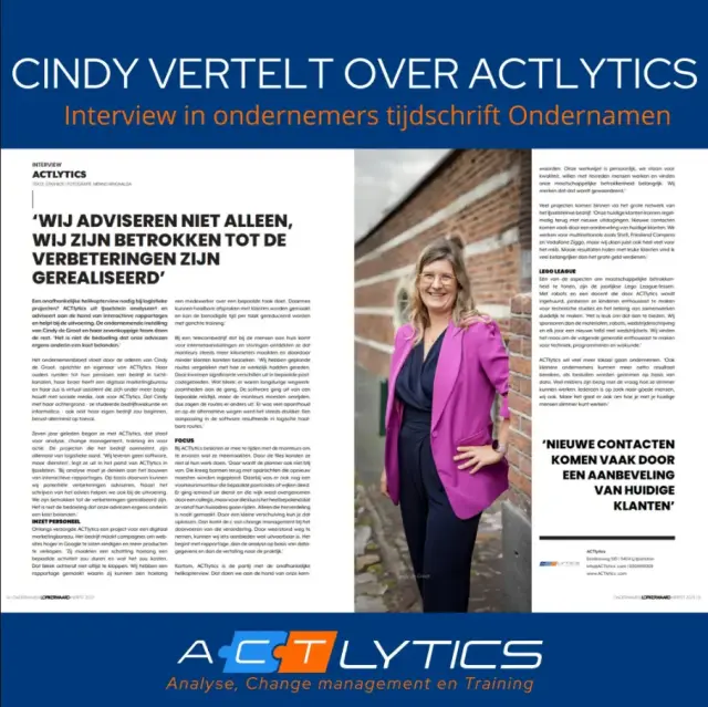 Cindy vertelt over ACTlytics in ondernemers tijdschrift Ondernamen kopie